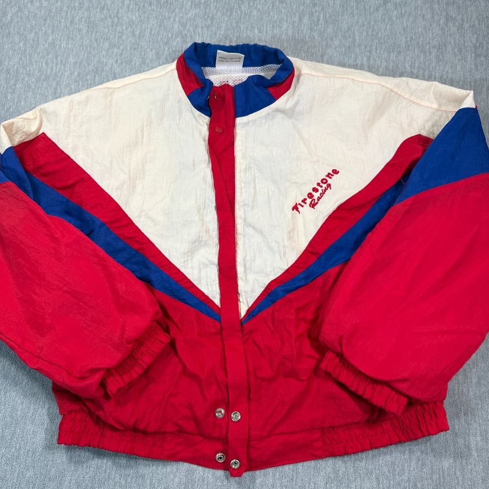 Firestone‎ Jacket Men XL Red White Blue Windbreaker Colorblock Racing Nylon